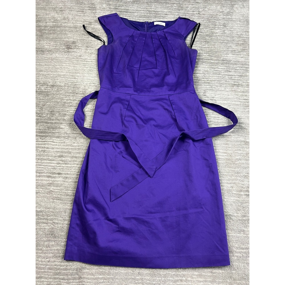 Calvin Klein‎ Dress Womens 4 Purple Sheath Pleated Neck Belted Sleeveless Knee
